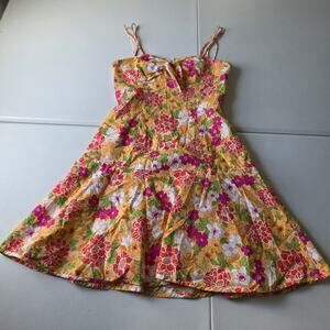 Y2K Citrine Dress Womens 8 Yellow Floral Sweetheart Sundress Fit & Flare Summer